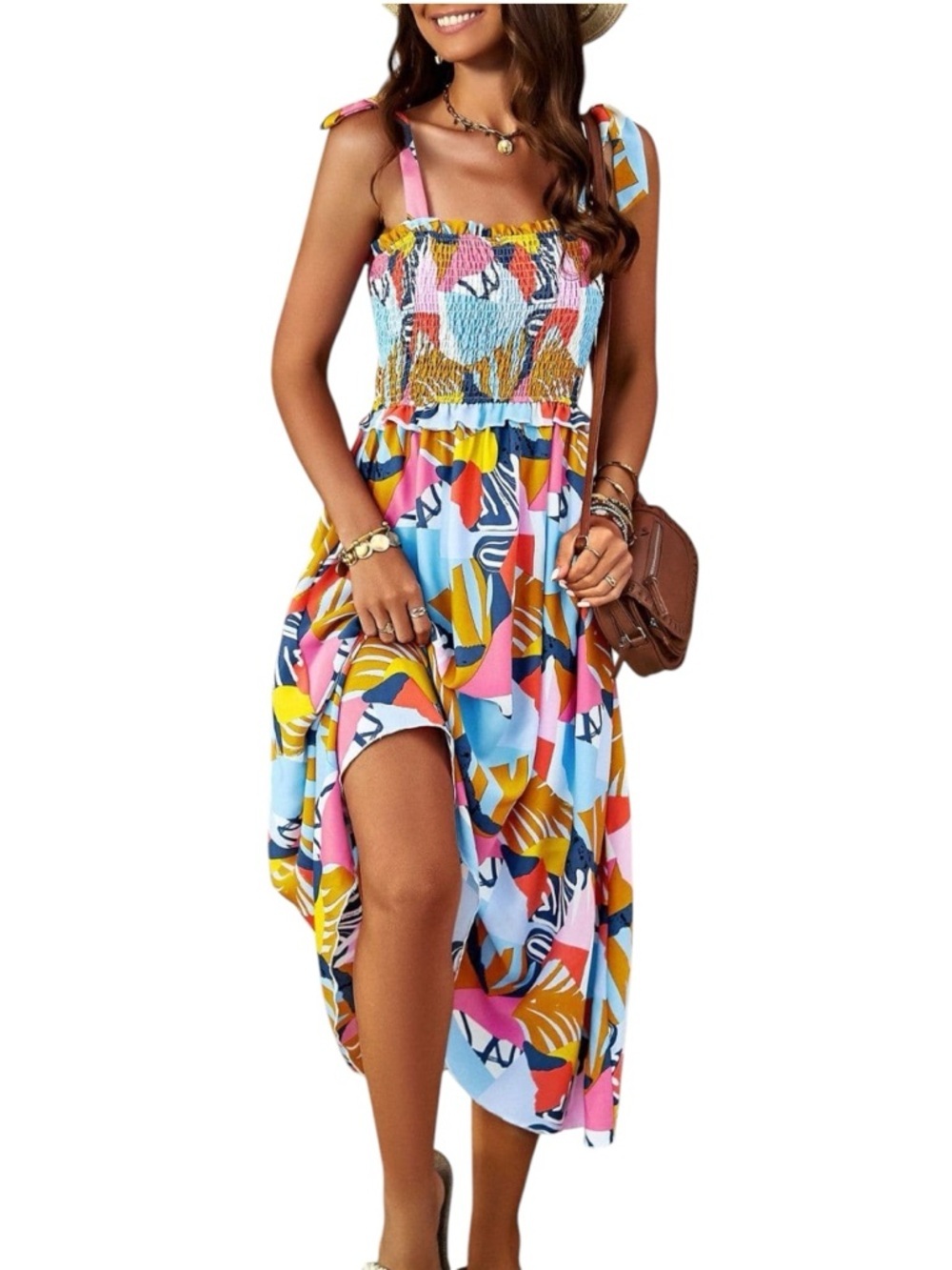 Bohemian Smocked Bright Multi-Color Tropical Midi Summer Flowy Sundress Sz Small